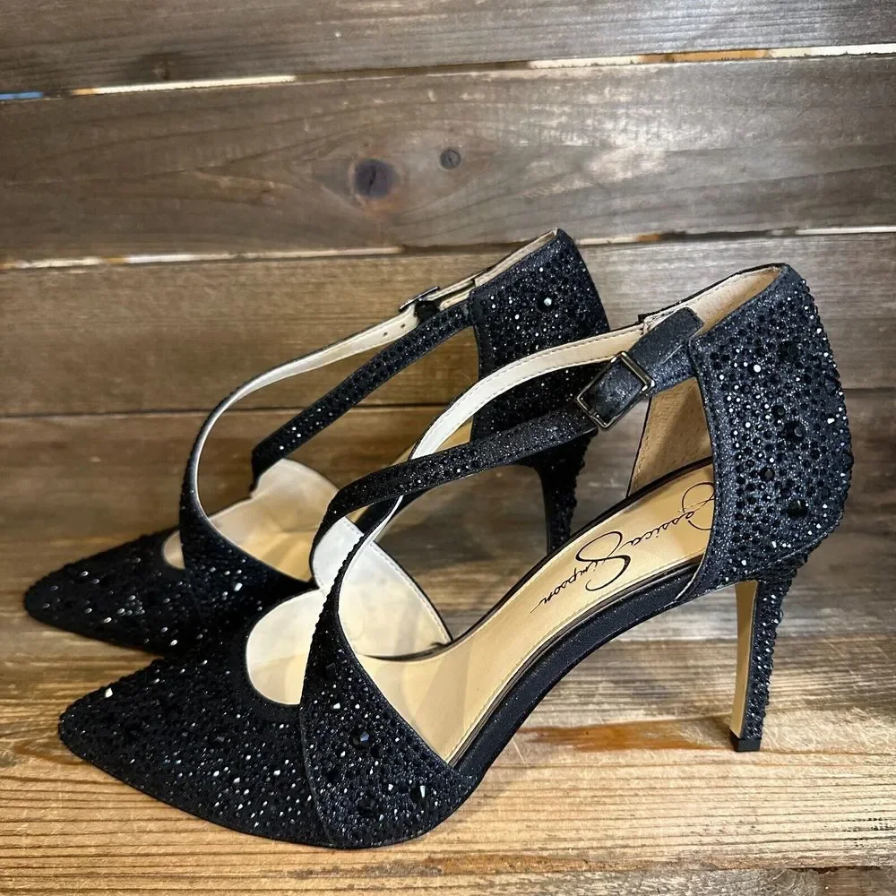 NIB Womens Jessica Simpson Accile Black Micro Flash‎ Rhinestone Heels Size 8.5 M